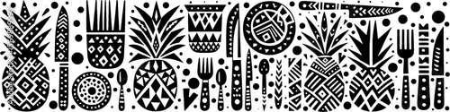 Hand‑Drawn Pineapple and Fruits Illustration, Tribal Tropical Folk Art Pattern Vector for Summer and Organic Food Theme Designs
