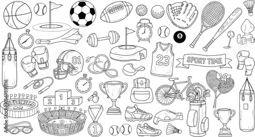Sports equipment vector illustration with soccer baseball and tennis drawing