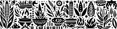 Hand‑Drawn Corn and Bonfire Illustration, Tribal Harvest Folk Art Pattern Vector for Autumn and Outdoor Celebration Theme Designs