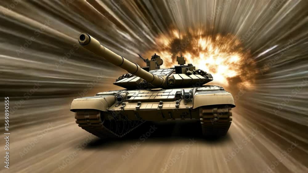 A formidable tank advances through a chaotic backdrop filled with explosions and dense smoke during a dramatic scenario