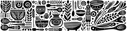 Hand‑Drawn Clay Pottery and Cooking Kits Illustration, Tribal Kitchen Folk Art Pattern Vector for Culinary and Heritage Adventure Themes Design