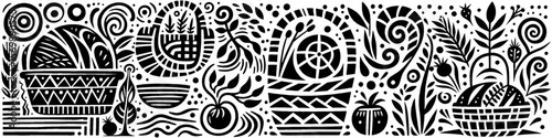 Hand‑Drawn Fruits Basket Illustration, Tribal Harvest Folk Art Pattern Vector for Kitchen and Market Adventure Themes Design