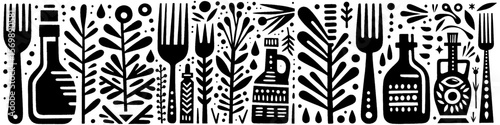 Hand‑Drawn Seasoning Bottle and Fork Illustration, Tribal Kitchen Folk Art Pattern Vector for Cooking and Culinary Adventure Themes Design