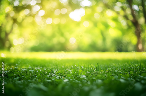 Beautiful blurred background of a natural spring green park with trees and grass on a sunny day. Abstract bokeh summer, fall, or winter garden landscape banner for a wallpaper or backdrop. 