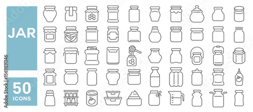 Set of 50 line icons related to jar, glass, conserve, jam, honey, glass jar, Editable stroke. Vector illustration