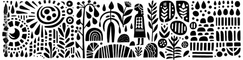Hand‑Drawn Girl and Stone Yard Garden Illustration, Tribal Natural Folk Art Pattern Vector for Outdoor and Countryside Adventure Themes Design