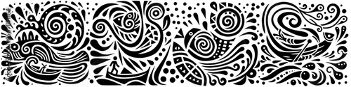 Hand‑Drawn Boat and Fish Illustration, Tribal Nautical Folk Art Pattern Vector for Fishing and River Adventure Themes Design