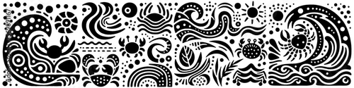 Hand‑Drawn Crabs and Wave Illustration, Tribal Coastal Folk Art Pattern Vector for Ocean and Beach Adventure Themes Design