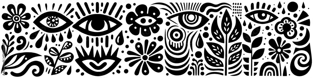 Naklejka premium Hand‑Drawn Eyes Illustration, Tribal Symbolic Folk Art Pattern Vector for Mystical and Decorative Theme Designs