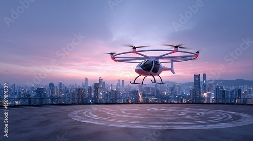 Aerial vehicle poised for takeoff on rooftop helipad against a skyline at dusk. Innovation in urban air mobility and transportation.