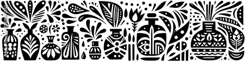 Hand‑Drawn Treat Bottle Illustration, Tribal Culinary Folk Art Pattern Vector for Kitchen and Wellness Adventure Themes Design