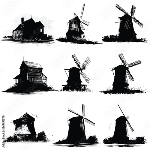 windmill silhouette set, Black & White silhouette set