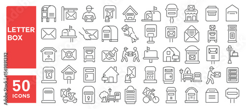 Set of 50 line icons related to letter box, mailbox, postal box, postbox, mailing, postage, Editable stroke. Vector illustration