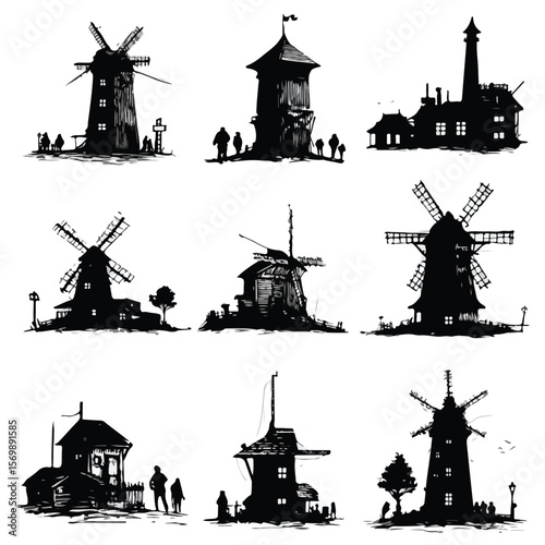 windmill silhouette set, Black & White silhouette set