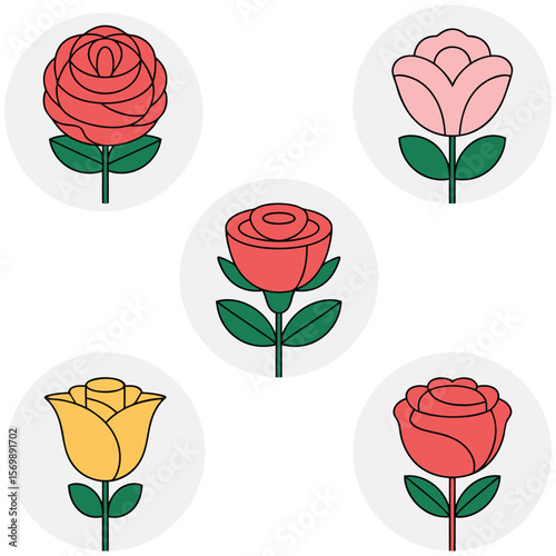Simple flat rose flower icon set illustration