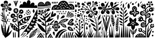 Hand‑Drawn Wheat Grass and Flowers Illustration, Tribal Botanical Folk Art Pattern Vector for Nature and Agriculture Theme Designs