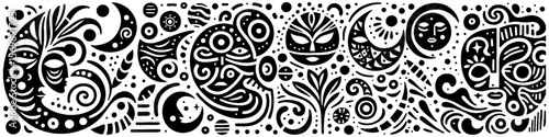 Hand‑Drawn Crescent and Mask Illustration, Tribal Mystical Folk Art Pattern Vector for Spiritual and Cultural Theme Designs
