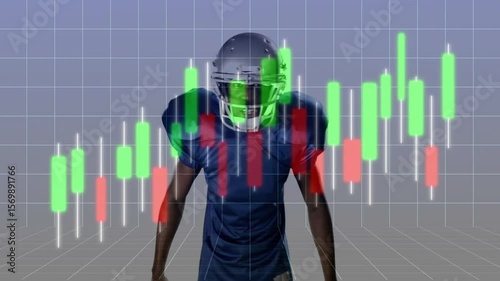 Adjusting helmet, football player holding ball, shifting stance as candlestick chart showing stocks