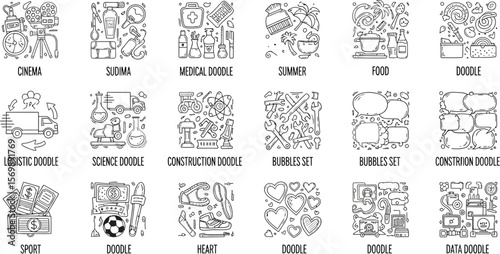 Vector doodle icons set various themes cinema medical summer food sport data
