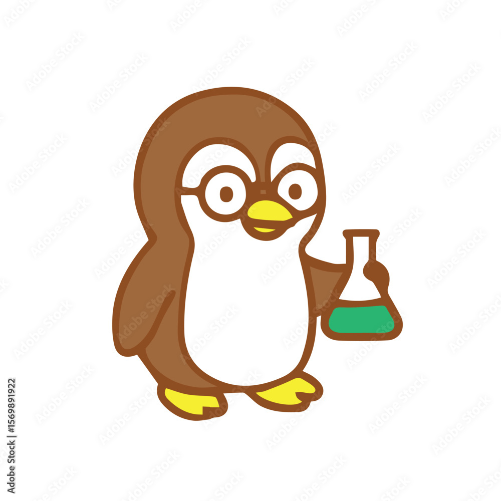 Obraz premium Cartoon Penguin Scientist with Flask