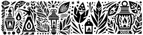 Hand‑Drawn Girl and Lantern Illustration, Tribal Storybook Folk Art Pattern Vector for Whimsical and Nighttime Theme Designs