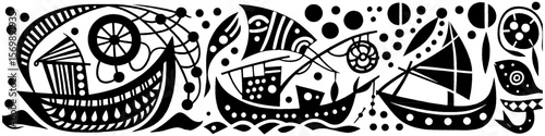 Hand‑Drawn Wooden Boat and Sailor Illustration, Tribal Nautical Folk Art Pattern Vector for Maritime and Adventure Theme Designs
