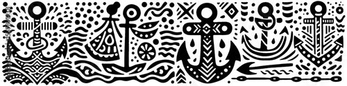 Hand‑Drawn Girl and Anchor Illustration, Tribal Nautical Folk Art Pattern Vector for Maritime and Adventure Theme Designs