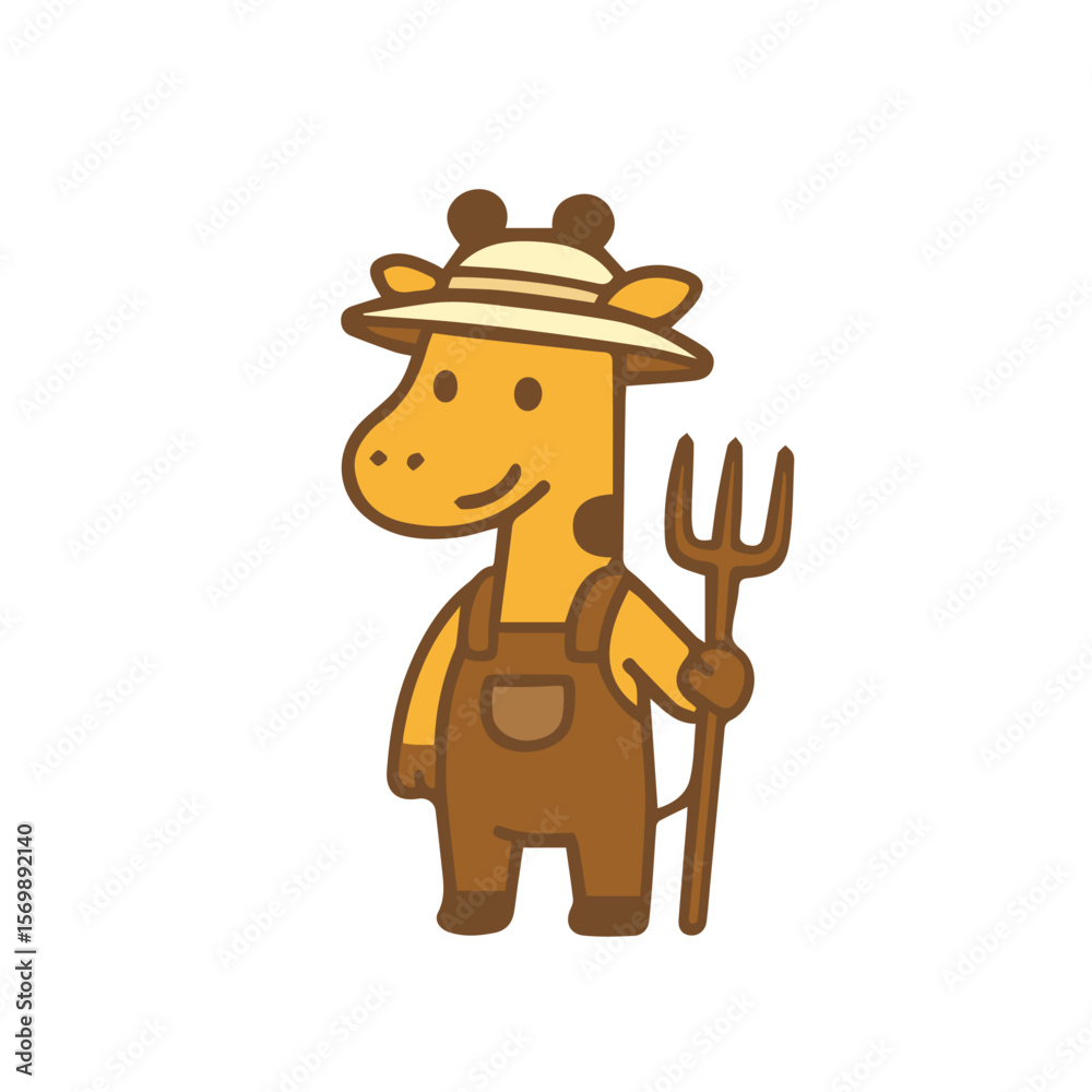 Obraz premium A Smiling Cartoon Giraffe Farmer Holding a Pitchfork