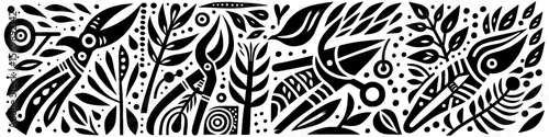 Hand‑Drawn Twig and Scissor Illustration, Tribal Craft Folk Art Pattern Vector for Gardening and Handmade Theme Designs