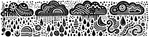 Hand‑Drawn Cloud and Rain Illustration, Tribal Weather Folk Art Pattern Vector for Nature and Seasonal Theme Designs