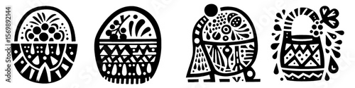 Hand‑Drawn Fruits Basket Illustration, Tribal Harvest Folk Art Pattern Vector for Kitchen and Organic Theme Designs