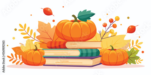 Autumn Harvest Pumpkins Books Stacked Fall Leaves vector