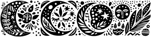 Hand‑Drawn Crescent with Smile Illustration, Tribal Celestial Folk Art Pattern Vector for Whimsical and Night Sky Theme Designs