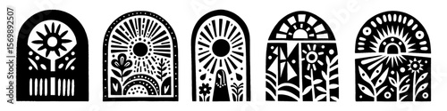 Hand‑Drawn Window and Flowers Illustration, Tribal Botanical Folk Art Pattern Vector for Home and Nature-Inspired Theme Designs