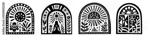 Hand‑Drawn Woman Yoga and Window Illustration, Tribal Wellness Folk Art Pattern Vector for Relaxation and Mindfulness Theme Designs