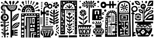 PrintHand‑Drawn Door and Flowers Illustration, Tribal Botanical Folk Art Pattern Vector for Home and Garden Theme Designs
