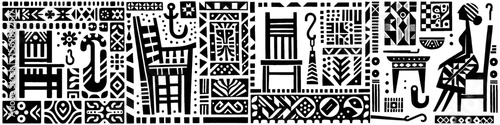 Hand‑Drawn Wood Chair and Grandmother Illustration, Tribal Home Folk Art Pattern Vector for Family and Nostalgic Theme Designs