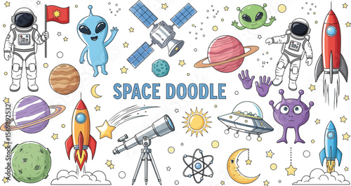 Space themed doodle illustrations vector graphics for kids and education use