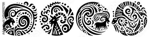 Hand‑Drawn Ibex Illustration, Tribal Mountain Folk Art Pattern Vector for Wildlife and Alpine Adventure Themes Design