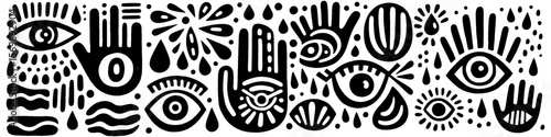 Hand‑Drawn Hand and Eyes Gesture Illustration, Tribal Symbolic Folk Art Pattern Vector for Mystical and Spiritual Adventure Themes Design