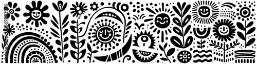 Hand‑Drawn Sunflower and Smile Illustration, Tribal Cheerful Folk Art Pattern Vector for Garden and Happiness Adventure Themes Design