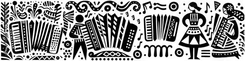 Hand‑Drawn Woman and Akordeon Illustration, Tribal Musical Folk Art Pattern Vector for Festival and Cultural Adventure Themes Design