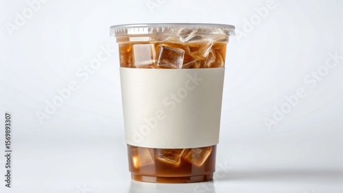 Iced coffee cup mockup. Clear plastic cup filled with iced coffee and ice cubes, featuring a blank label for branding or customization.