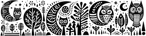 Hand‑Drawn Owl and Crescent Illustration, Tribal Nocturnal Folk Art Pattern Vector for Night and Forest Adventure Themes Design