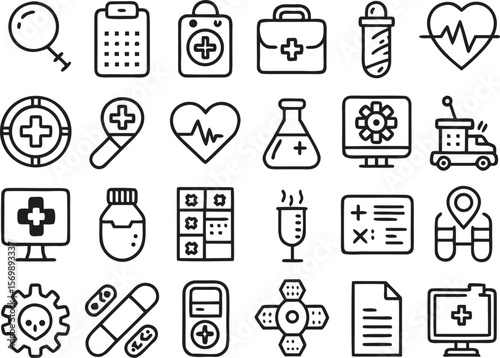 Medical Icons Set: A comprehensive collection of line icons related to healthcare, medicine, and medical services.  Perfect for websites, apps, and presentations.