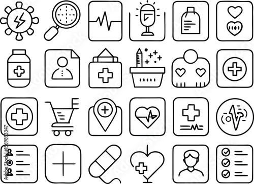 Medical Icons Set: A comprehensive collection of line icons related to healthcare, medicine, and medical services.  Perfect for websites, apps, and presentations.