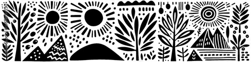 Hand‑Drawn Peak and Trees Illustration, Tribal Mountain Folk Art Pattern Vector for Nature and Wilderness Adventure Themes Design