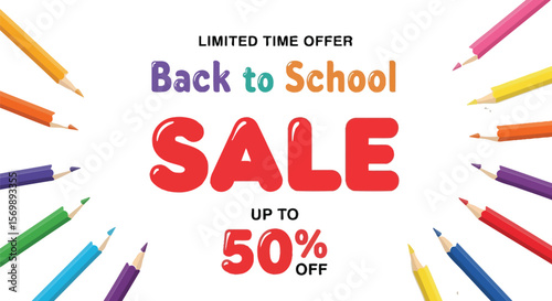 Back to school sale event up to fifty percent off limited time offer with colorful pencils design