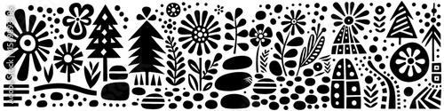 Hand‑Drawn Pine Trees and Flowers Illustration, Tribal Woodland Folk Art Pattern Vector for Forest and Nature Adventure Themes Design