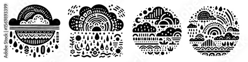 Hand‑Drawn Cloud and Rain Illustration, Tribal Weather Folk Art Pattern Vector for Nature and Seasonal Adventure Themes Design